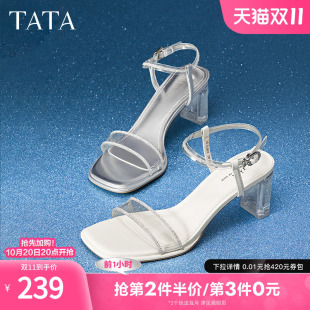 2024夏凉鞋 Tata他她法式 凉鞋 仙女一字带气质时装 XEK02BL4 高跟凉鞋