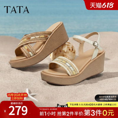 TATA他她一字拖夏季新款女鞋百搭厚底外穿休闲沙滩凉拖鞋Y4E03BT6