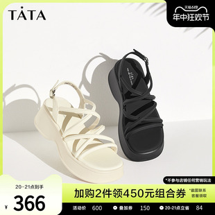 Tata他她绑带厚底凉鞋 DWFT1BL4 2024夏新款 女简约休闲运动百搭凉鞋