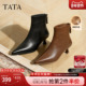 TATA他她靴子2025冬季 牛皮短靴细跟短筒靴黑色加绒高跟靴UWT01DD5