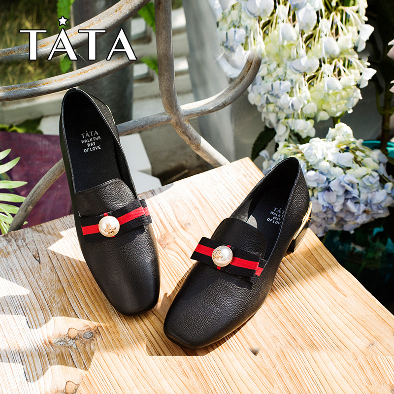 TATA/他她2018商場同款復古方頭低跟樂福鞋女單鞋S1021AQ8