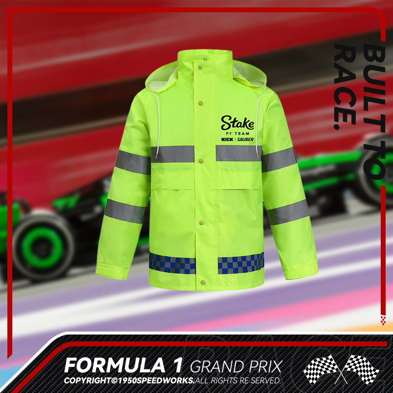 「F1索伯监工服」F1周边围场荧光绿索伯监工应援好物长袖反光雨衣