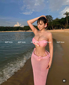 FLGG泰国氛围感粉色罩衫 花朵比基尼海岛度假温泉性感泳衣三件套