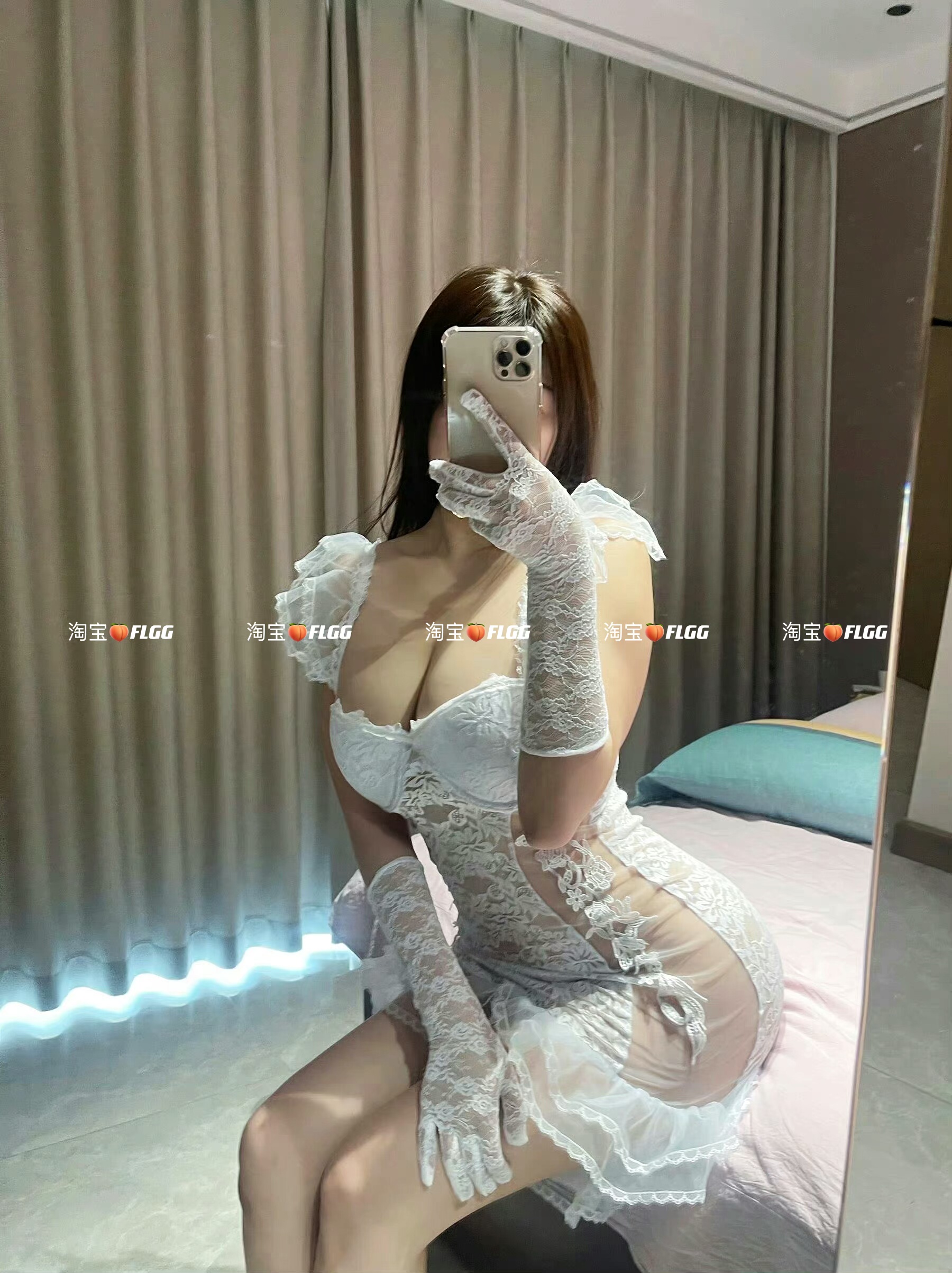 FLGG性感蕾丝透视网纱长裙新娘装婚纱睡裙薄款诱惑角色扮演制服