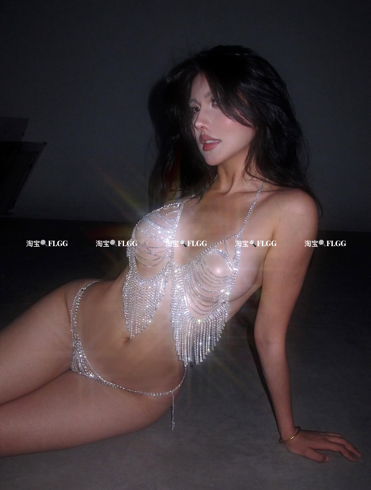 FLGG性感流苏水钻比基尼身体链套装女个性感闪亮流苏搭配文胸套装