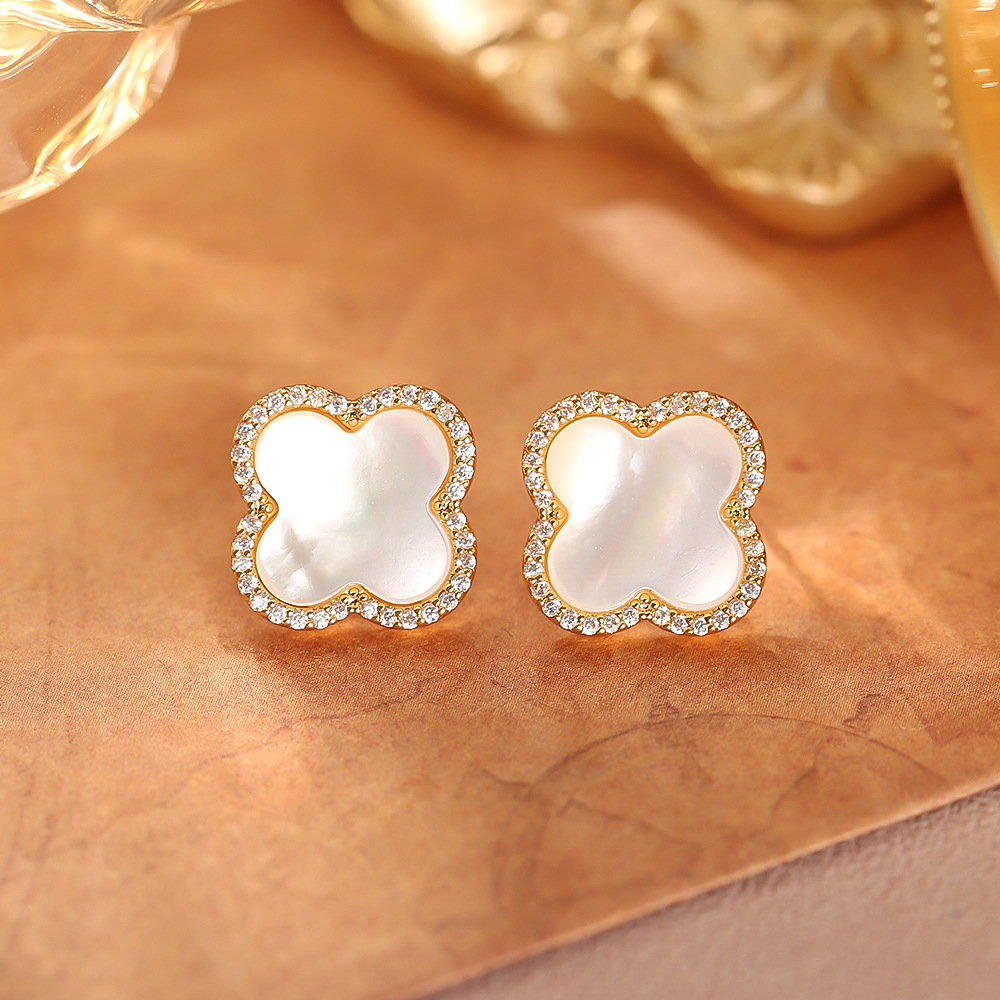 微镶锆石四叶草贝母耳钉高级感时尚气质S925银针耳环精致百搭耳饰