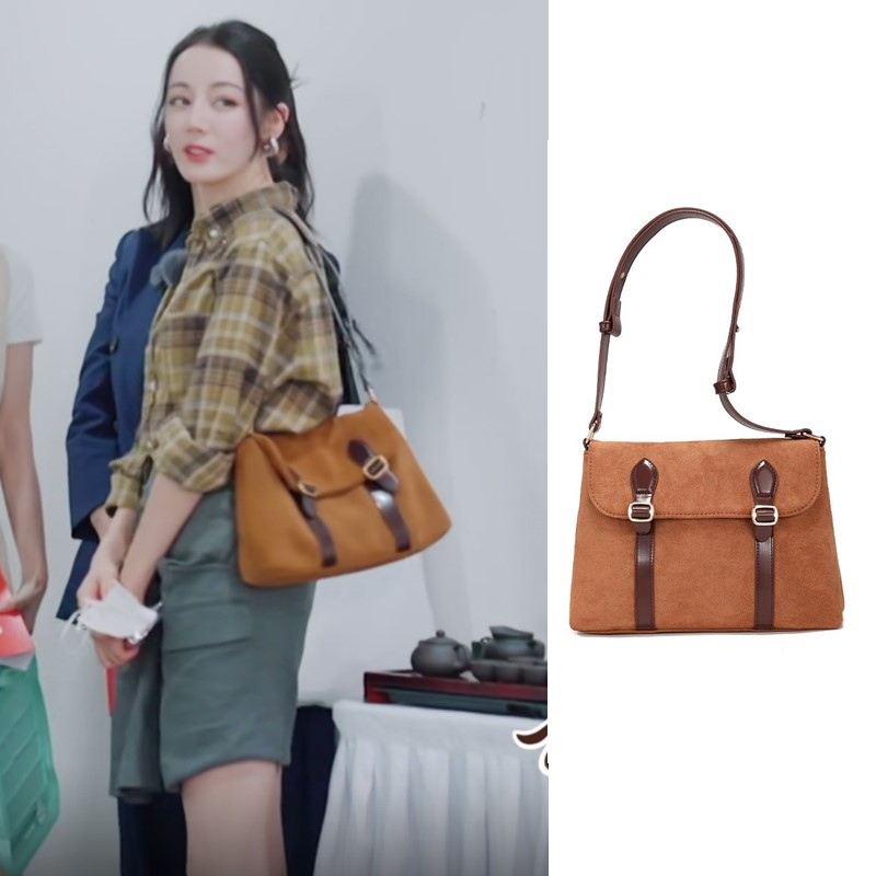 迪丽热巴同款包包复古绒面邮差包