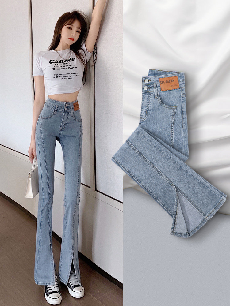 여성용 슬릿 청바지 가을 겨울 벨벳 2024 새로운 스타일 하이웨이스트 신축성 슬림 슬림 작은 플레어 팬츠