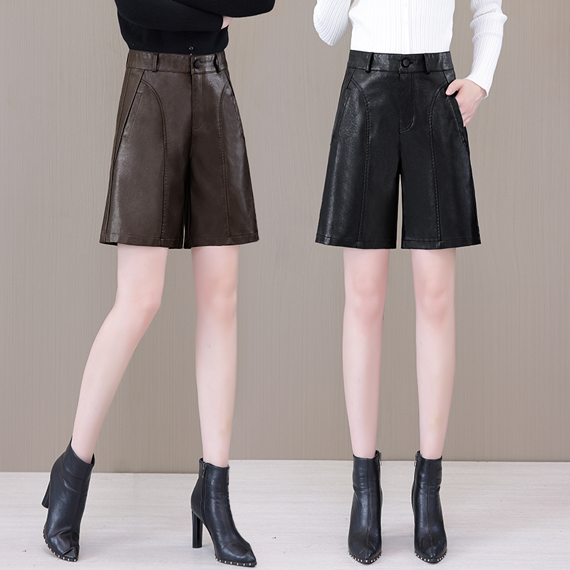 PU皮裤短裤阔腿裤女2025秋冬新款高腰显瘦宽松遮跨休闲五分裤靴裤