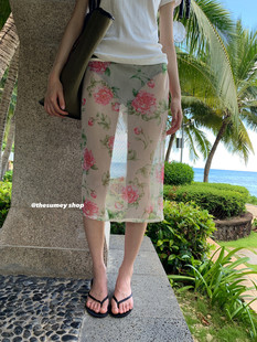 设计感薄款 新款 a字短裙 复古印花网纱透视半身裙女24夏季 THESUMEY