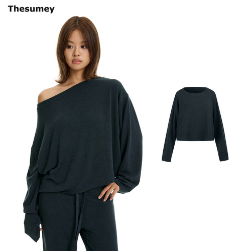 THESUMEY深蓝色一字领长袖针织衫女2026早秋穿搭修身辣妹露肩上衣