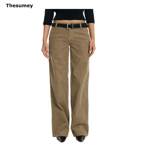 THESUMEY 灯芯绒宽松直筒休闲裤女秋季新款小个子简约设计感长裤