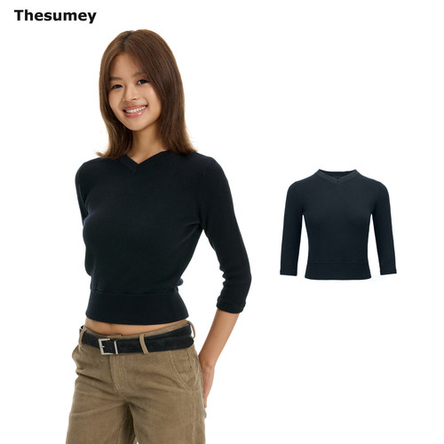 THESUMEYV领中袖针织衫女秋季修身高级感五分袖内搭打底衫小上衣