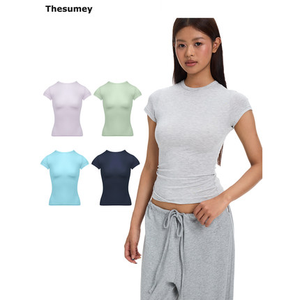 THESUMEY 圆领小众短袖t恤女夏季2026新款修身显瘦设计感正肩上衣
