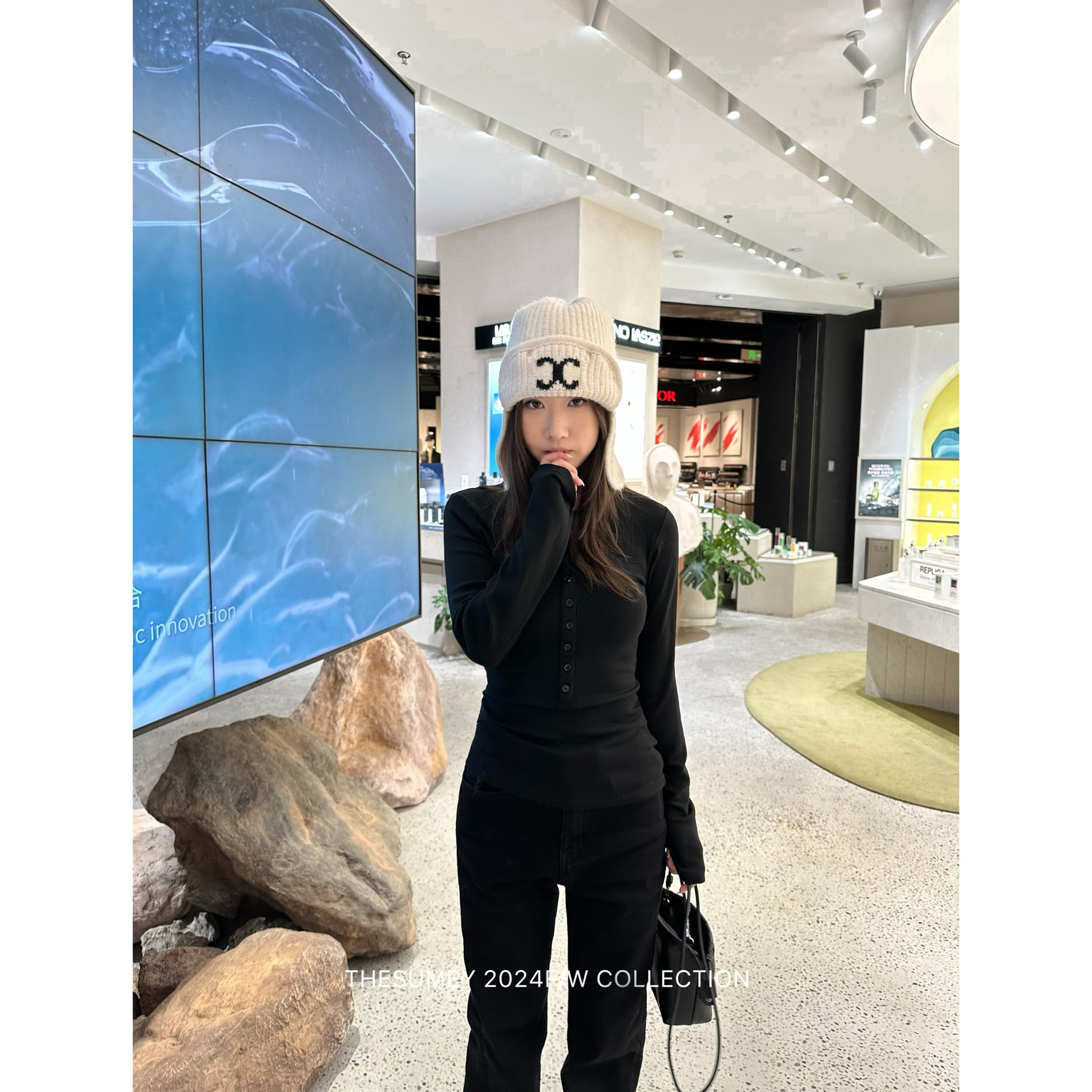 THESUMEY 半开圆领长袖t恤女2024秋冬新款显瘦修身内搭打底上衣