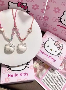 新款小众时尚猫头hellokitty桃花编绳凯蒂猫项链吊坠送女友礼物