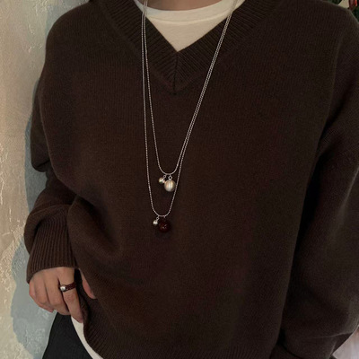 新款小众极简风拉丝银球可抽拉项链高级感秋冬安哥拉红毛衣链女