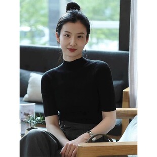 法式黑色薄款半高领打底衫正肩短袖女春秋修身高级感中袖内搭上衣