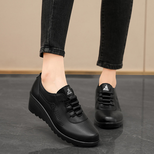 春秋新款 优质软皮单鞋 女鞋 式 松紧带坡跟舒适不累脚简约百搭款 时尚