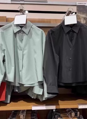 476589 春夏新款合作款女装简约长袖衬衫短款衬衫纯色百搭打底衫