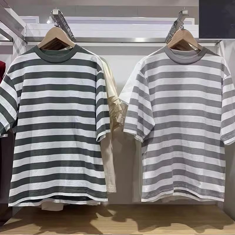男装女装宽松条纹短袖T恤5分袖