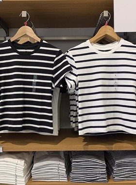 480820 试衣间同款夏季女装条纹圆领短袖T恤弹力修身打底衫上衣