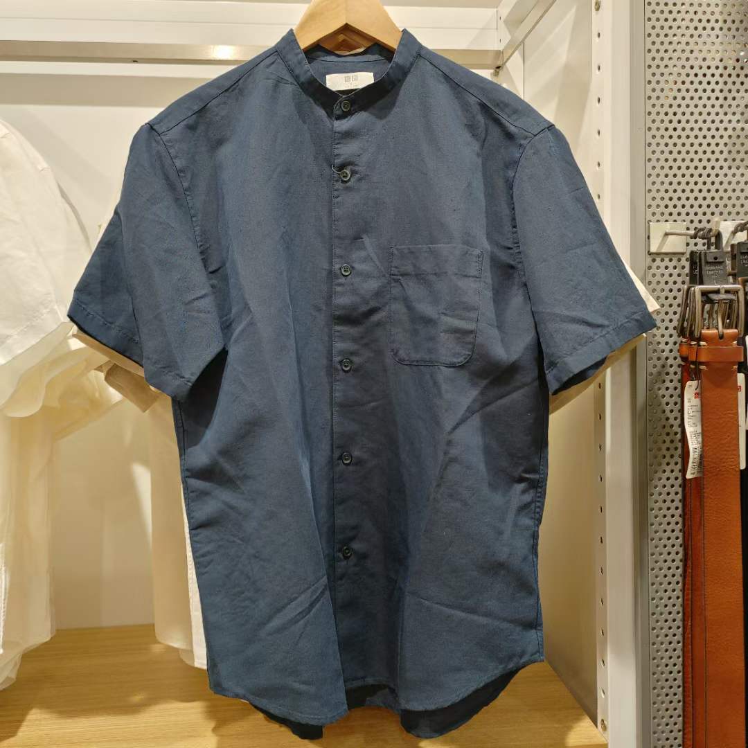 夏季新品外D情侣款麻棉立领衬衫短袖男士纯色宽松休闲衬衣457438