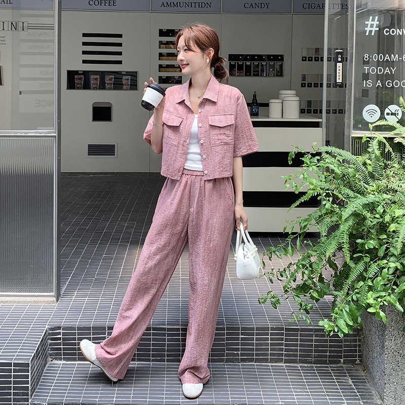 时尚休闲洋气两件套装女装2025夏季新款宽松上衣高腰阔腿长裤夏装,女装套装/套裙,浙宝270