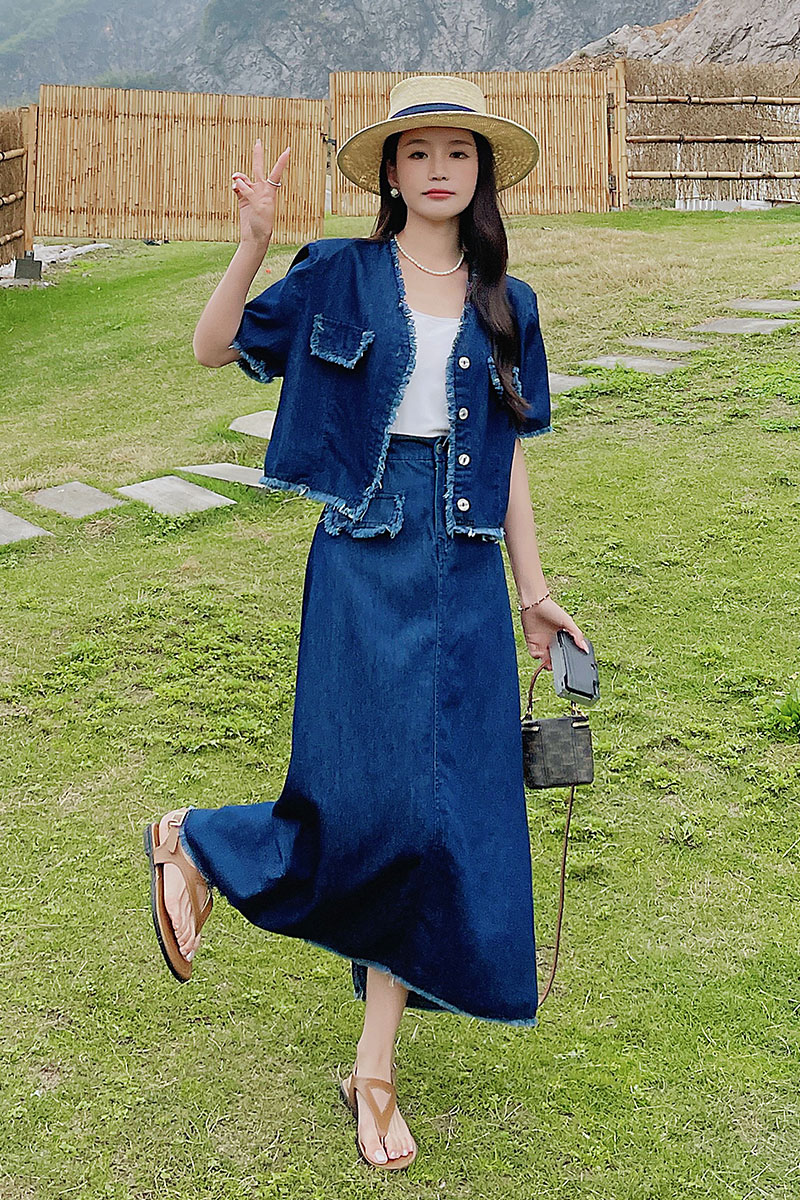 小香风流苏牛仔半身裙套装女夏2025新款两件套又酷又飒显瘦氛围感,女装套装/套裙,浙宝270