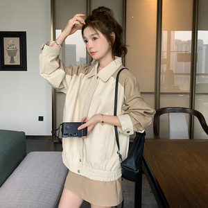 【25新款】奶茶色设计感拼接撞色PU皮小个子时尚翻领夹克图片
