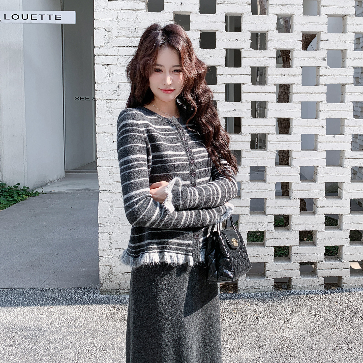 【26新款现货】温柔慵懒风条纹针织木耳边套装270-7205P155控248，女装大码女装，浙宝270