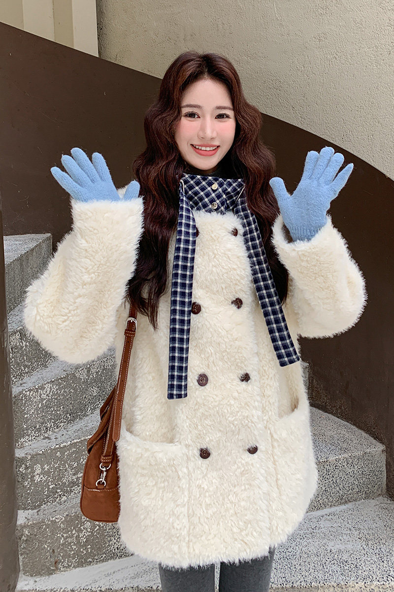 【新款现货】格纹连帽米白色毛绒皮毛一体270-7118P255控348,女装皮草,浙宝270