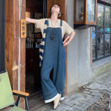 蕾丝拼接牛仔背带裤女夏季2025新款韩版小个子宽松减龄阔腿连体裤，女装连体裤，浙宝270