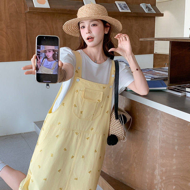 黄色学院风减龄刺绣背带连衣裙女夏韩系小个子休闲甜美百搭连身裙,女装连体裤,浙宝270