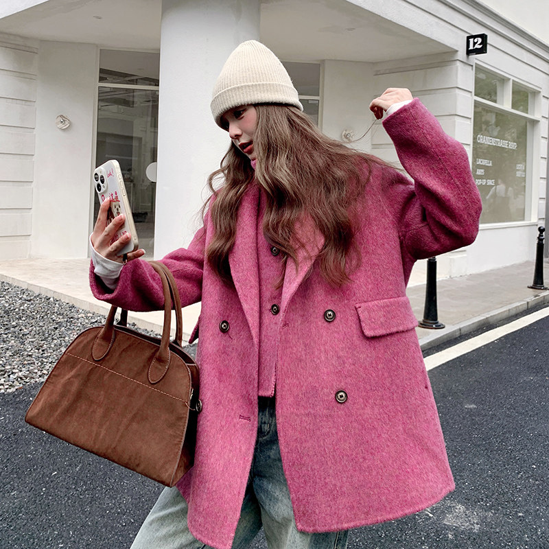 新款首现货货火龙果色两件套拼接双面毛呢大衣270-7109P275控378，女装毛呢外套，浙宝270