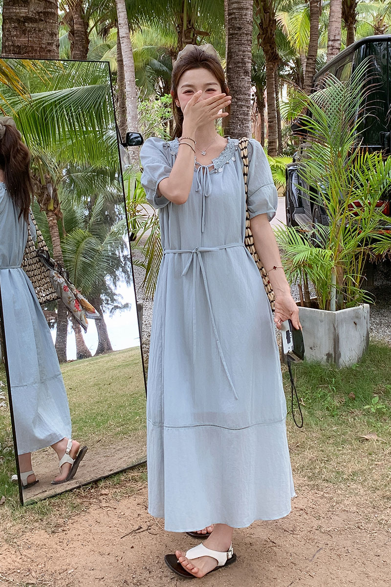 浅蓝色温柔风减龄连衣裙女2025夏季新款韩系超好看度假漂亮A字裙,女装连衣裙,浙宝270