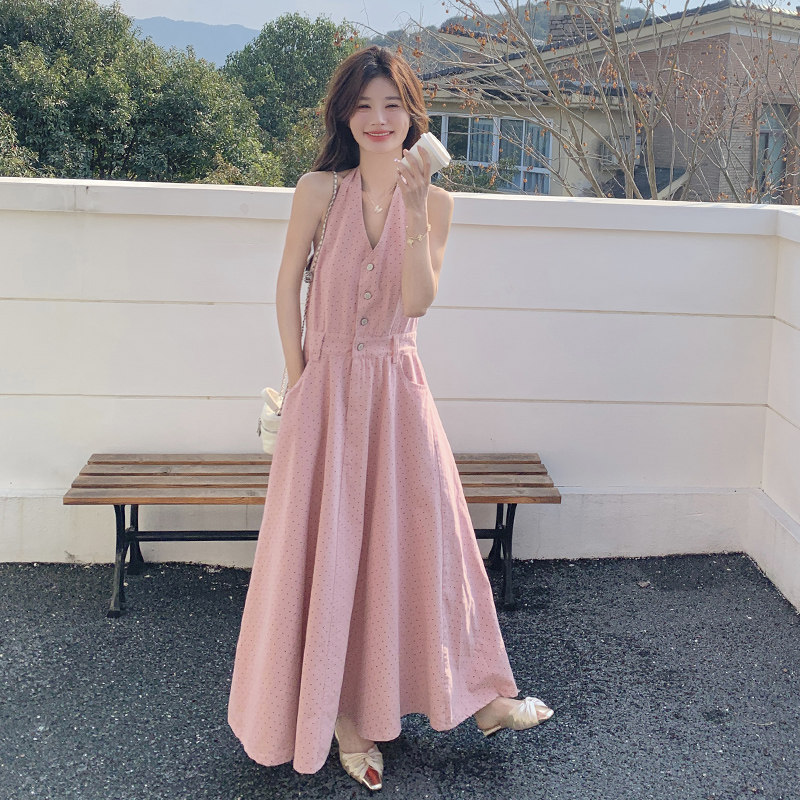 粉色露背小心机辣妹挂脖长裙夏季新款纯欲风收腰显瘦气质连衣裙女,女装连衣裙,浙宝270