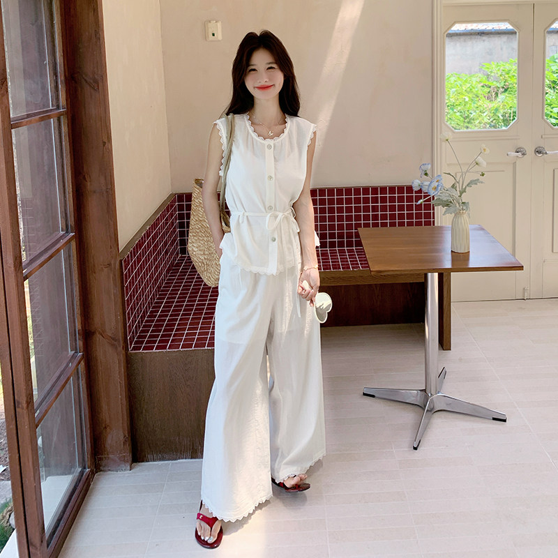 白色高级感小众气质套装女2025夏季新款花边背心上衣阔腿裤两件套,女装套装/套裙,浙宝270