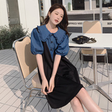 【现货附买家秀】防牛仔工艺料娃娃领拼色连衣裙270-2318P105控15，女装连衣裙，浙宝270