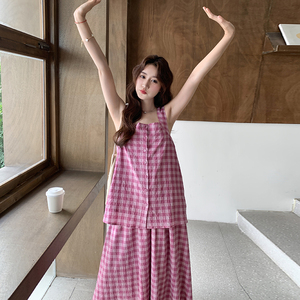 韩系格子吊带半裙套装女2025年夏季新款温柔风显瘦休闲长裙两件套图片