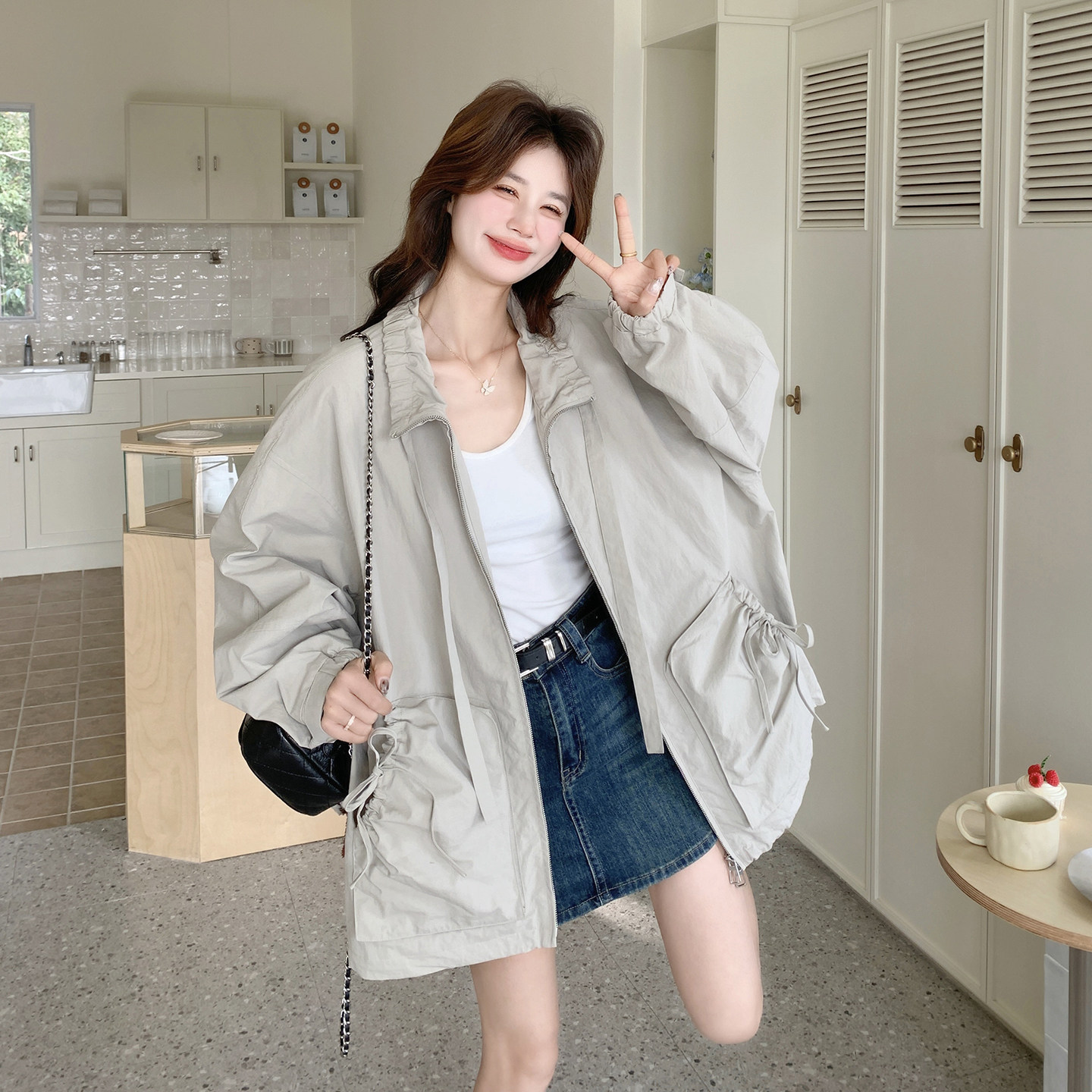 26新款已出货】米色系大口袋抽绳休闲宽松外套270-7206P165控268，女装短外套，浙宝270