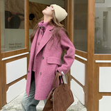 新款首现货货火龙果色两件套拼接双面毛呢大衣270-7109P275控378，女装毛呢外套，浙宝270