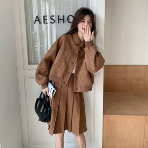 【25新款】美拉德麂皮绒翻领外套百褶裙两件套270-2502P175控248，女装套装/套裙，浙宝270