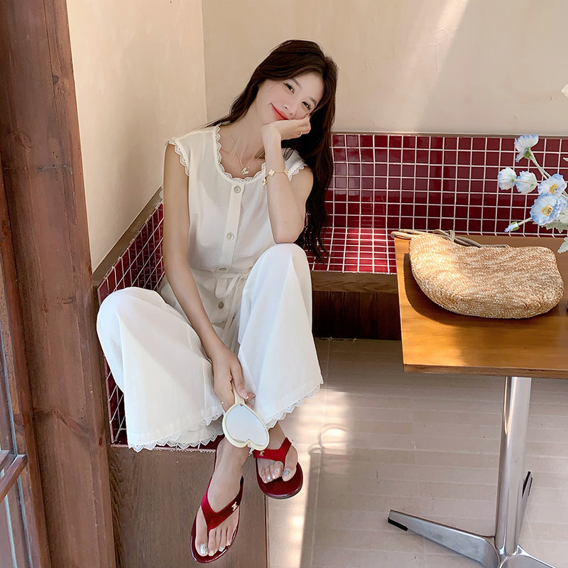 白色高级感小众气质套装女2025夏季新款花边背心上衣阔腿裤两件套,女装套装/套裙,浙宝270