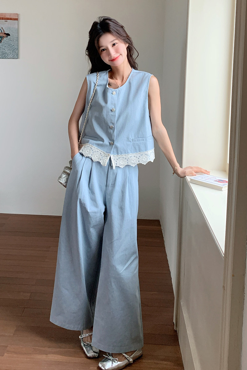 今年流行蕾丝拼接马甲套装女夏季新款气质一整套垂感阔腿裤两件套,女装套装/套裙,浙宝270