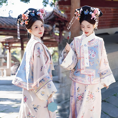 原创满族女清代印花古装延吉马甲公主服装格格清朝旗装两件套旅拍