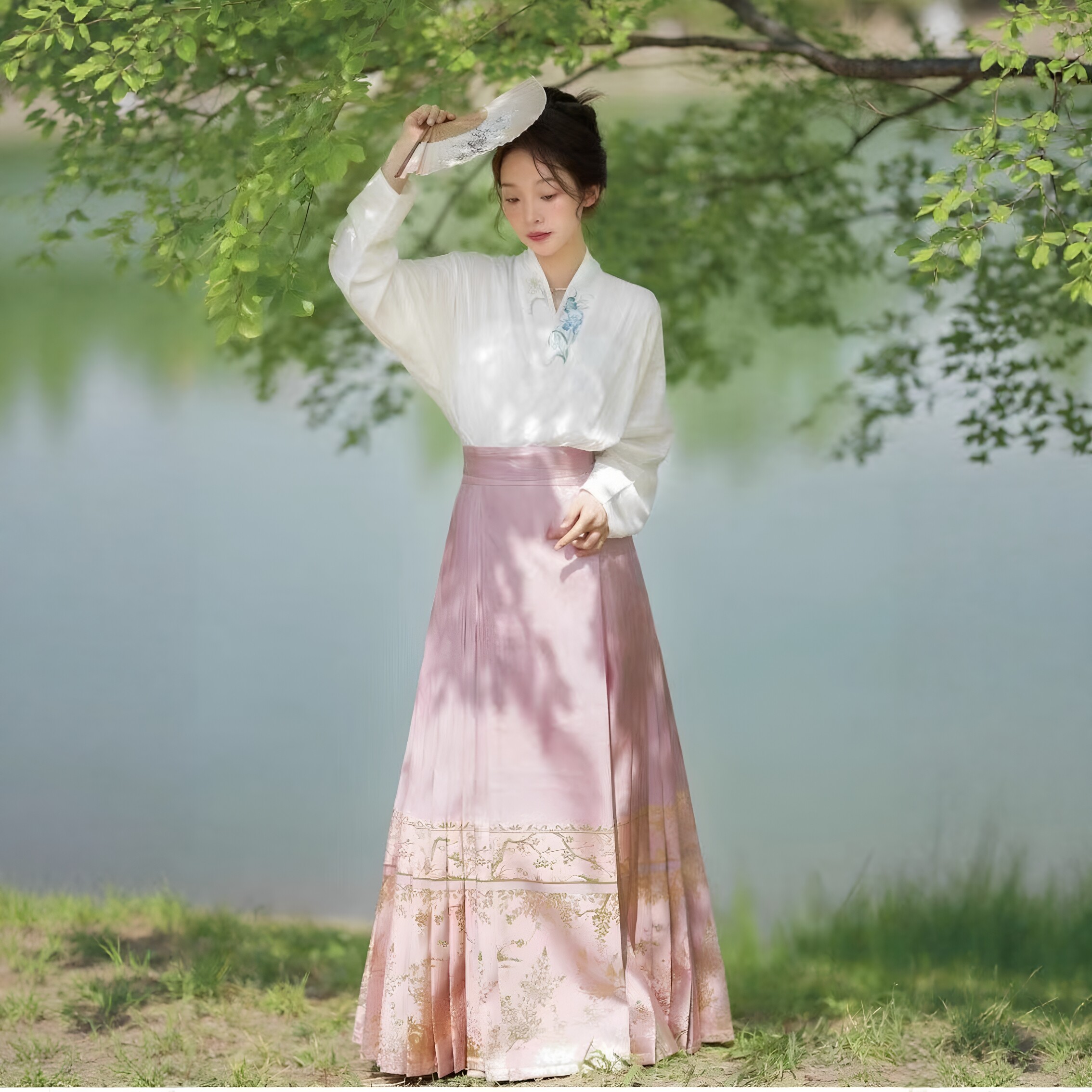 汉服女马面裙夏季薄款套装复古新中式印花日常通勤飞机袖送吊带