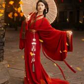 直裾汉服拖尾古装 红色织金红色马山楚墓复原新款 战国放量 昭君