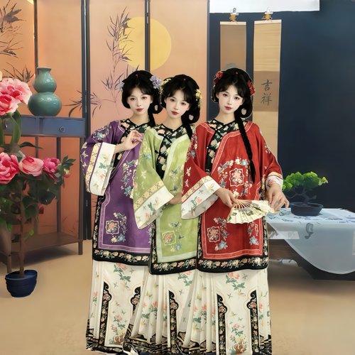 格格服清汉女汉服花鸟间印花春秋