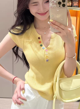 黄色V领短袖针织衫女夏季纯欲气质清纯系掐腰显瘦小个子短款上衣
